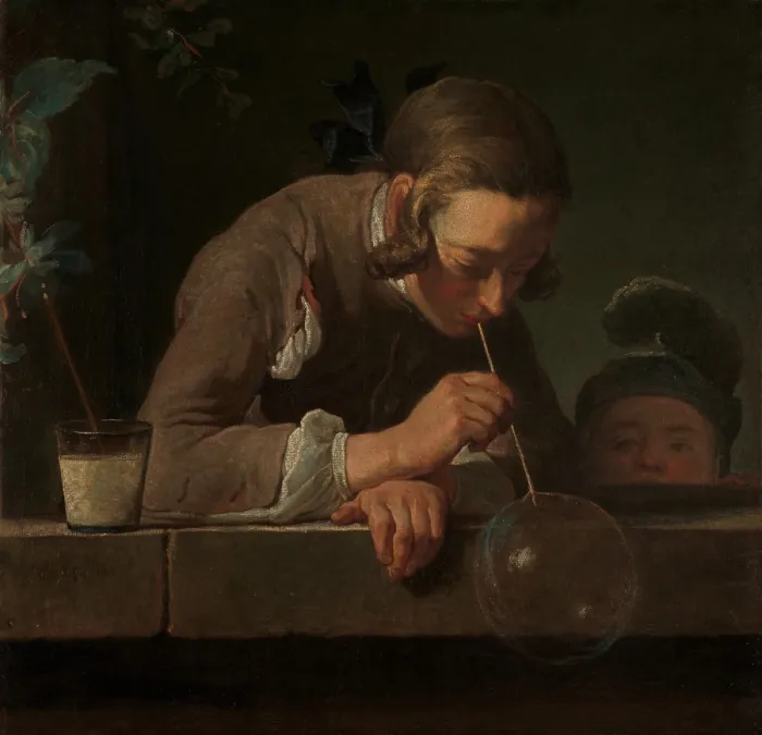 Framed Print : SOAP BUBBLES, by Jean Simeon Chardin, 1733-34, French painting, oil on canvas. A teenage young man blows a soap bubble by a window as a younger child stretches up to watch Framed Print : SOAP BUBBLES, by Jean Simeon Chardin, 1733-34, French painting, oil on canvas. A teenage young man blows a soap bubble by a window as a younger child stretches up to watch