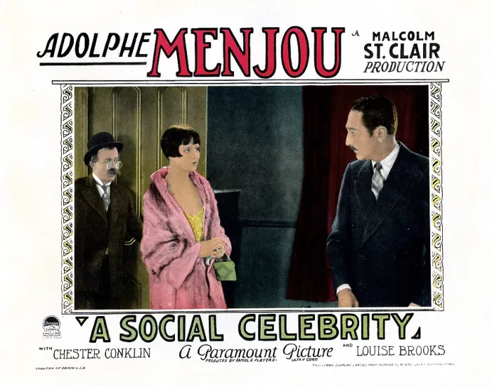 Framed Print : A SOCIAL CELEBRITY, US lobbycard, from left: Chester Conklin, Louise Brooks, Adolphe Menjou, 1926