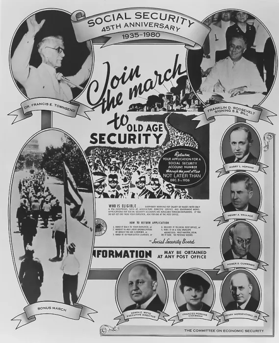 Framed Print : Social Security 45th Anniversary Poster. It features portraits of FDR and Francis Townsend and other New Deal politicians and the Bonus Marchers. 1980 Framed Print : Social Security 45th Anniversary Poster. It features portraits of FDR and Francis Townsend and other New Deal politicians and the Bonus Marchers. 1980