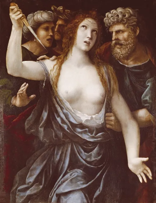 Framed Print : SODOMA, Giovanni Antonio Bazzi, also called Il (1477-1549). The death of Lucretia. Renaissance art. Cinquecento. Oil on canvas. ITALY. Turin. Galleria Sabauda (Sabauda Gallery)