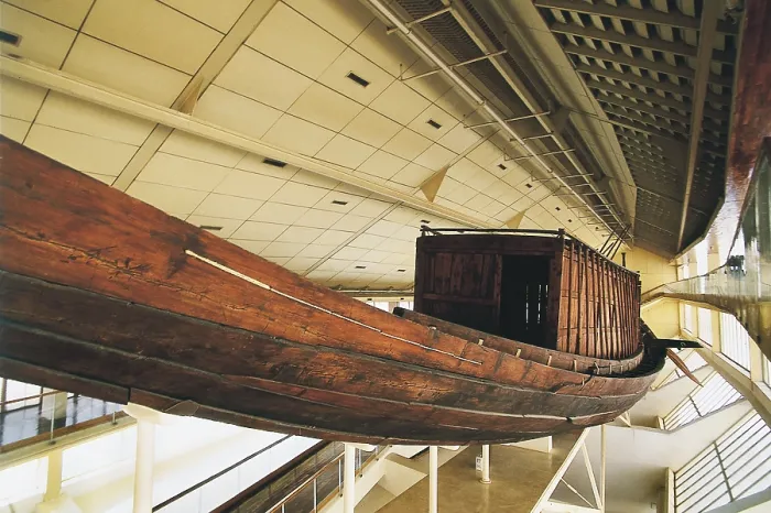 Framed Print : Solar boat. 25th c. BC. Solar boat. Egyptian art. Old Kingdom. EGYPT. Giza. Solar Boat Museum. Proc: EGYPT. Giza. Great Pyramid of Giza (Khufu's Pyramid)