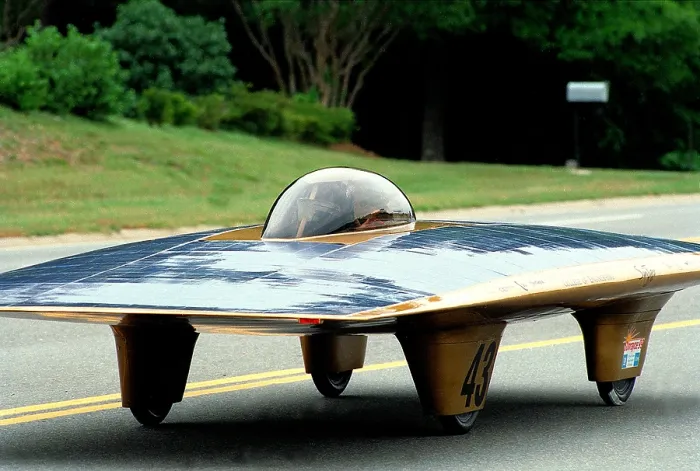 Framed Print : Solar car on the road during the SUNRAYCE 1999 race of experimental solar vehicles from Washington, D.C. to Orlando Florida in June 1999 Framed Print : Solar car on the road during the SUNRAYCE 1999 race of experimental solar vehicles from Washington, D.C. to Orlando Florida in June 1999