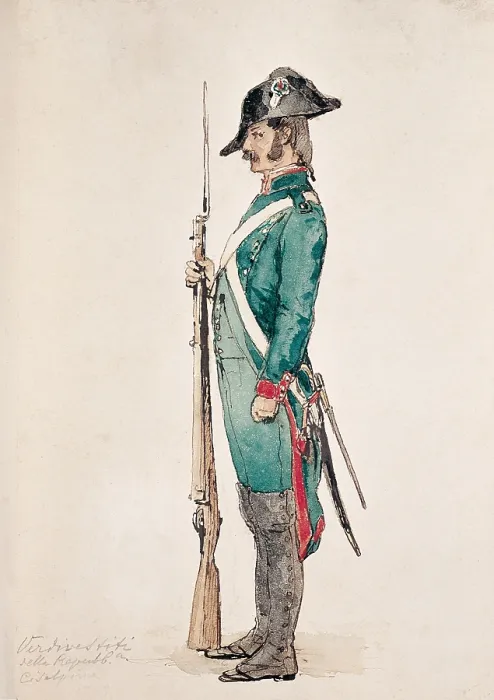 Framed Print : Soldier in green uniform of the Cisalpine Republic, French satellite state in northern Italy created by Napoleon Bonaparte the June 29