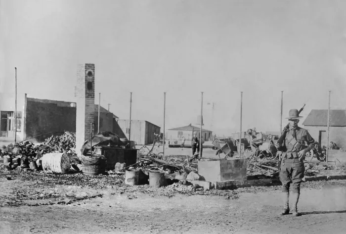 Framed Print : US soldier guards ruins in Columbus, New Mexico, after Pancho Villas raid of March 9, 1916