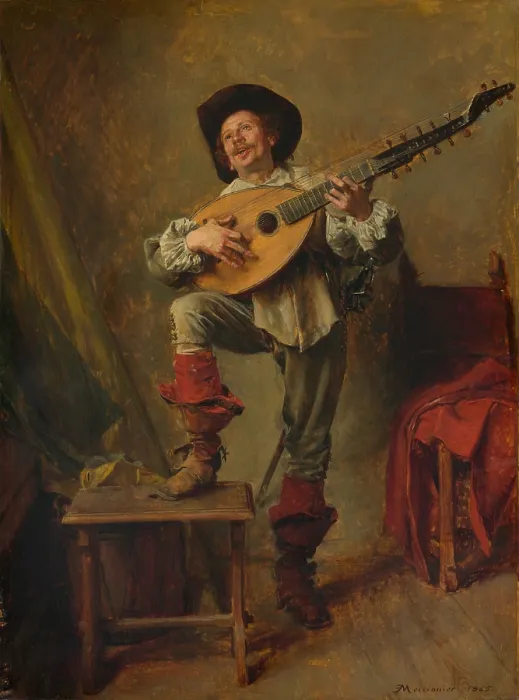 Framed Print : SOLDIER PLAYING THE THEORBO, by Ernest Meissonier, 1865, French painting, oil on wood. The instrument was a variety of lute played in the 17th century