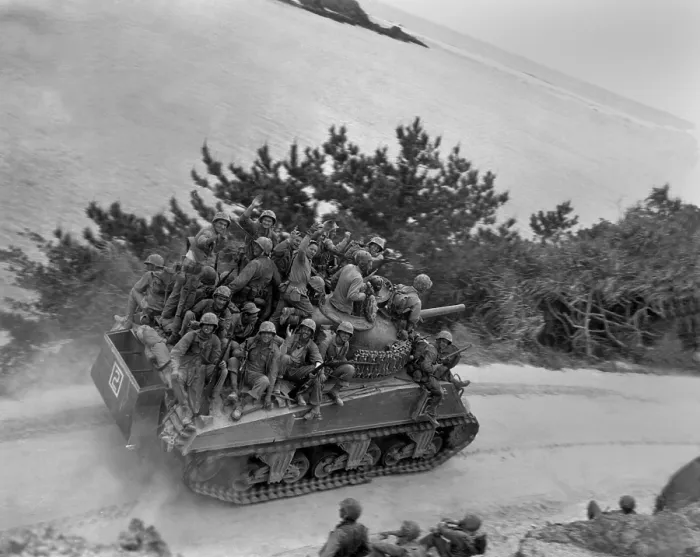 Framed Print : Soldiers of the 29th Marines on a Sherman tank on the first day of the invasion of Okinawa. April 1, 1945. They are advancing to take the town of Ghuta. April 1, 1945