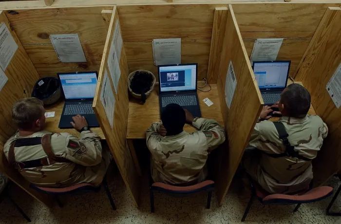 Framed Print : Soldiers and airmen in Iraq check their e-mail at Camp Caldwell Iraq. Nov. 19 2004. (BSLOC_2011_12_282) Framed Print : Soldiers and airmen in Iraq check their e-mail at Camp Caldwell Iraq. Nov. 19 2004. (BSLOC_2011_12_282)