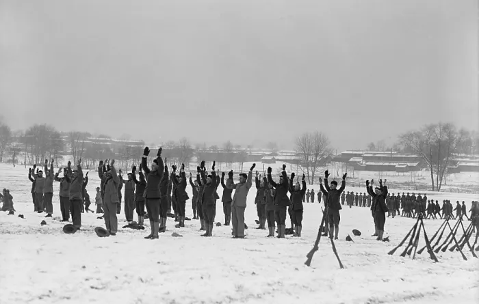 Framed Print : Soldiers in basic training performing calisthenics at Camp Mead, Maryland, Dec. 1917. (BSLOC_2016_13_107.jpg )