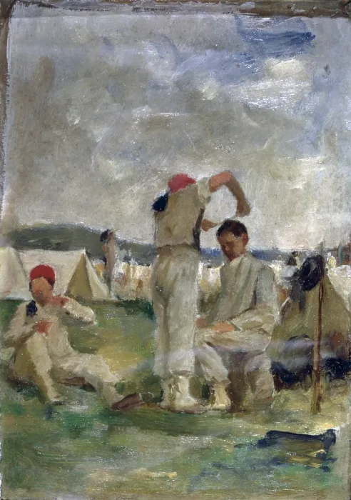 Framed Print : Soldiers at the Camp (Soldati al campo), by Demetrio Cosola, 1875 - 1881, 19th Century, oil on paper - Private collection. Whole artwork view