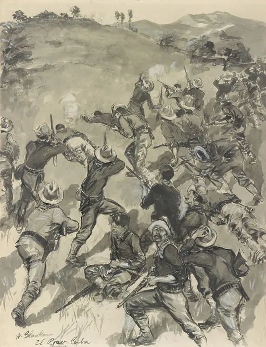 Framed Print : US soldiers engaged in battle at El Pozo Centra, half a mile from the action on San Juan Hill