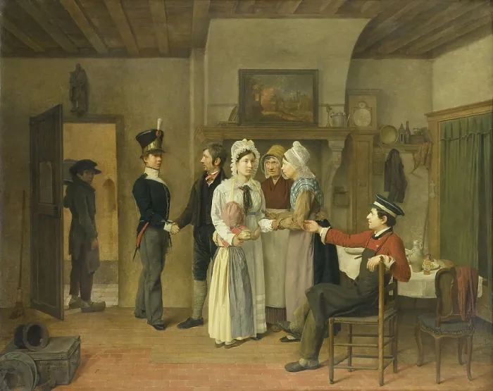 Framed Print : The Soldier's Farewell, by Charles van Beveren, 1828, Dutch painting, oil on panel. Genre painting of soldier saying goodbye to his family (BSLOC_2016_2_206)