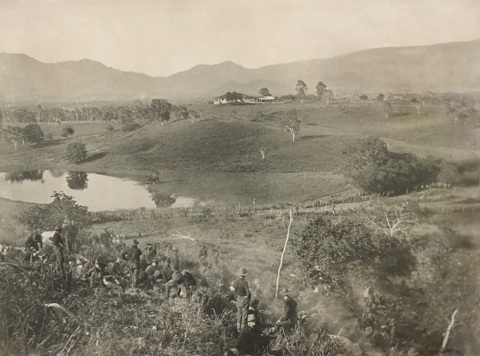 Framed Print : Soldiers below the field on which the Battle of San Juan Hill was fought on July 1, 1898. A column of solders walks on the road below