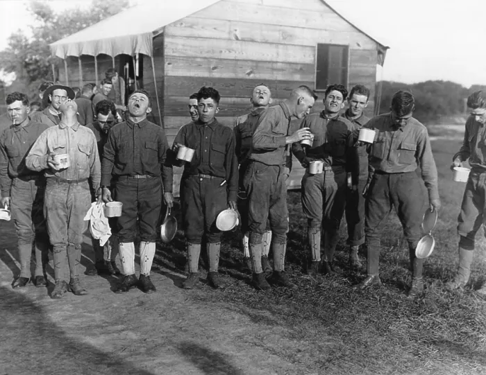 Framed Print : Soldiers gargle with salt and water to prevent influenza. Sept. 24, 1918. Camp Dix, New Jersey, during the 1918-19 Spanish Influenza pandemic. (BSLOC_2012_4_135)