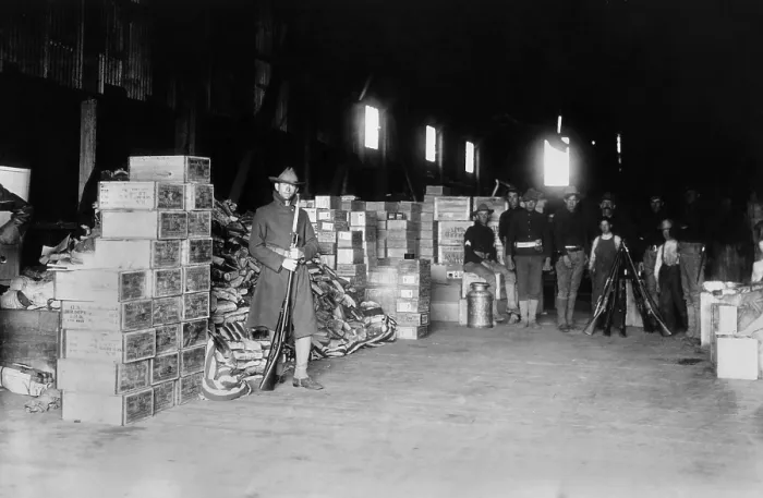 Framed Print : Soldiers guarding relief supplies in San Francisco after the April 1906 earthquake. By April 30, the Army set up nine food depots to distribute rations to 300, 000 people