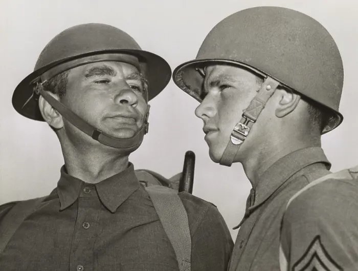 Framed Print : Soldiers in the old and new Army helmets at Fort Benning, Georgia, April 25, 1941