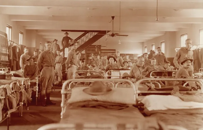 Framed Print : Soldiers in the Squad Room, Marine Barracks, Washington, D.C. in 1917. Aged photo with burnt sienna tint (BSLOC_2016_13_103.jpg )