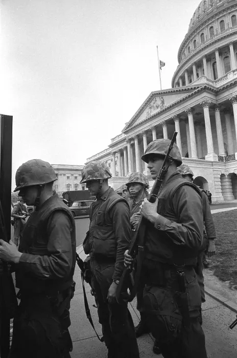 Framed Print : Soldiers stand guard near US Capitol, during 1968 riots following the assassination of Martin Luther King. April 8, 1968 Framed Print : Soldiers stand guard near US Capitol, during 1968 riots following the assassination of Martin Luther King. April 8, 1968