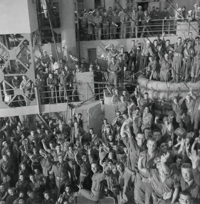 Framed Print : Soldiers of the U.S. 143rd Infantry cheer Italy's unconditional surrender to Allied Nations. The Italian government surrended on Sept