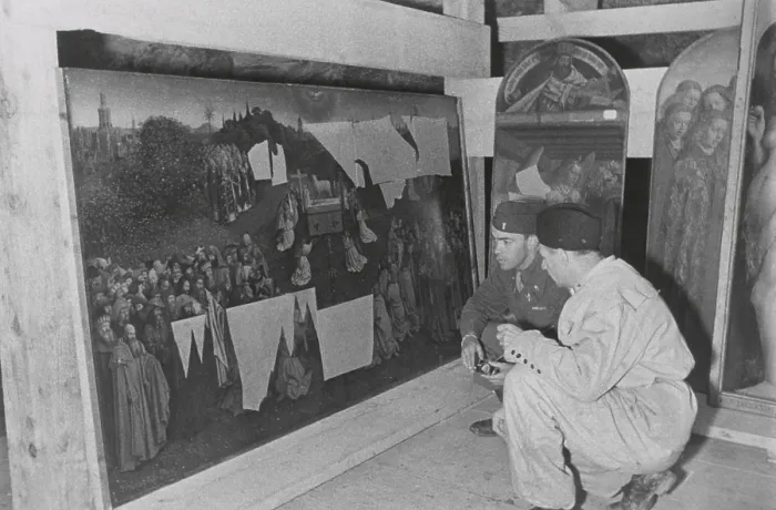 Framed Print : Soldiers of U.S. Army MFAA Section examining the Ghent Altarpiece in the Altaussee mine, 1945. Lt. Daniel J Framed Print : Soldiers of U.S. Army MFAA Section examining the Ghent Altarpiece in the Altaussee mine, 1945. Lt. Daniel J