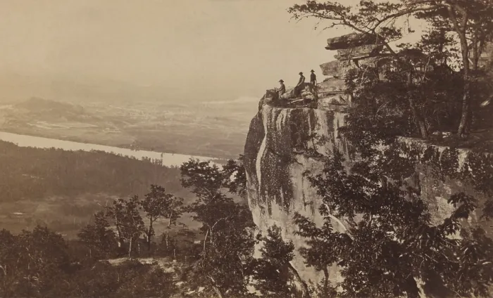 Framed Print : Three soldiers take in the view from Point Lookout, on Lookout Mountain, with the Tennessee River in the distance. Photo was probably taken after the Nov Framed Print : Three soldiers take in the view from Point Lookout, on Lookout Mountain, with the Tennessee River in the distance. Photo was probably taken after the Nov
