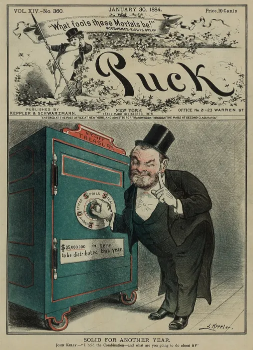 Framed Print : SOLID FOR ANOTHER YEAR, 1884 cartoon of John Kelly next to a safe labeled N.Y. City Treasury