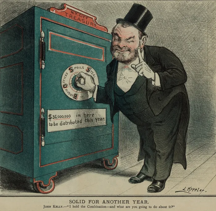 Framed Print : SOLID FOR ANOTHER YEAR, 1884 cartoon of John Kelly next to a safe labeled N.Y. City Treasury