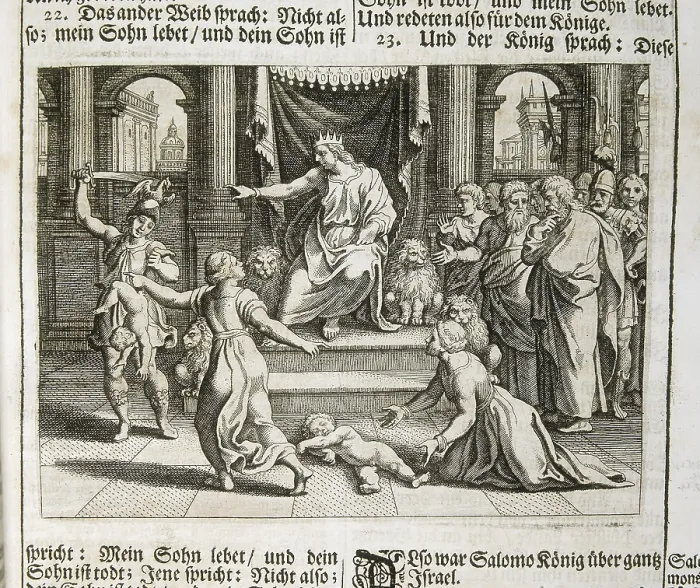 Framed Print : SOLOMON ( -931 BC). King of the Jews from 970 to 931 BC. 'Judgment of Solomon'. Illustration of the 'Biblia Sacra'. Edited in Frankfurt in 1704 Framed Print : SOLOMON ( -931 BC). King of the Jews from 970 to 931 BC. 'Judgment of Solomon'. Illustration of the 'Biblia Sacra'. Edited in Frankfurt in 1704