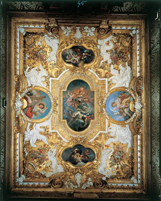 Framed Print : Somasso Pietro, Seiter Daniel, Turin, Royal Palace, ceiling with the allegory of Triumph of Light, 17th Century - 18th Century, frescoes and stucco, Italy, Piemonte, Turin