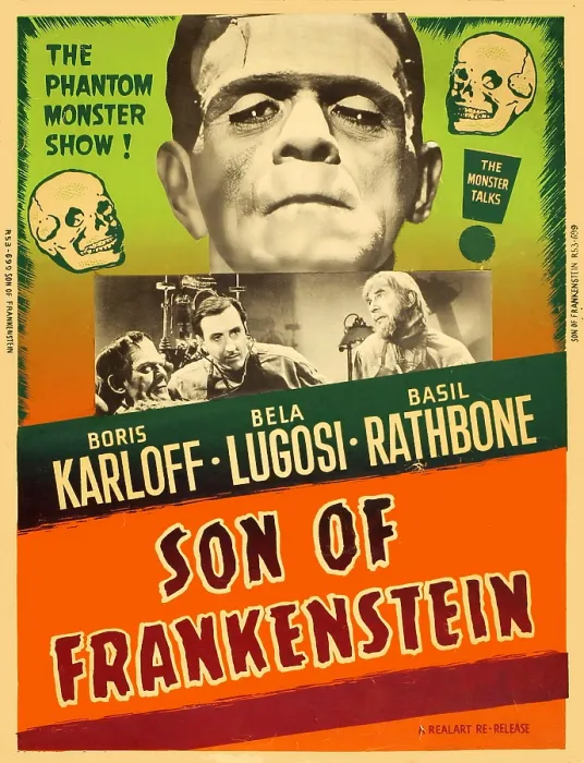 Framed Print : SON OF FRANKENSTEIN, top center: Boris Karloff, bottom center from left: Boris Karloff, Basil Rathbone, Bela Lugosi on 1953 poster art, 1939 Framed Print : SON OF FRANKENSTEIN, top center: Boris Karloff, bottom center from left: Boris Karloff, Basil Rathbone, Bela Lugosi on 1953 poster art, 1939