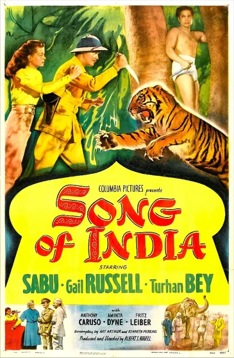 Framed Print : SONG OF INDIA, US poster, top from left: Turhan Bey, Gail Russell, Sabu, 1949