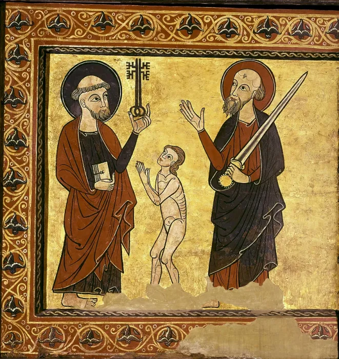Framed Print : SORIGUEROLA, Master of (half 13th century)). Altar Frontal from Toses. end 13th c. Detail. Panel of Saints Peter and Paul and a soul. Romanesque art. Tempera on wood. SPAIN Framed Print : SORIGUEROLA, Master of (half 13th century)). Altar Frontal from Toses. end 13th c. Detail. Panel of Saints Peter and Paul and a soul. Romanesque art. Tempera on wood. SPAIN