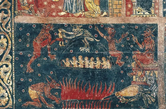 Framed Print : SORIGUEROLA, Master of (half 13th century)). Panel of Saint Michael. end 13th c. Right lower detail of the Hell. Tempera on wood. SPAIN. Barcelona Framed Print : SORIGUEROLA, Master of (half 13th century)). Panel of Saint Michael. end 13th c. Right lower detail of the Hell. Tempera on wood. SPAIN. Barcelona