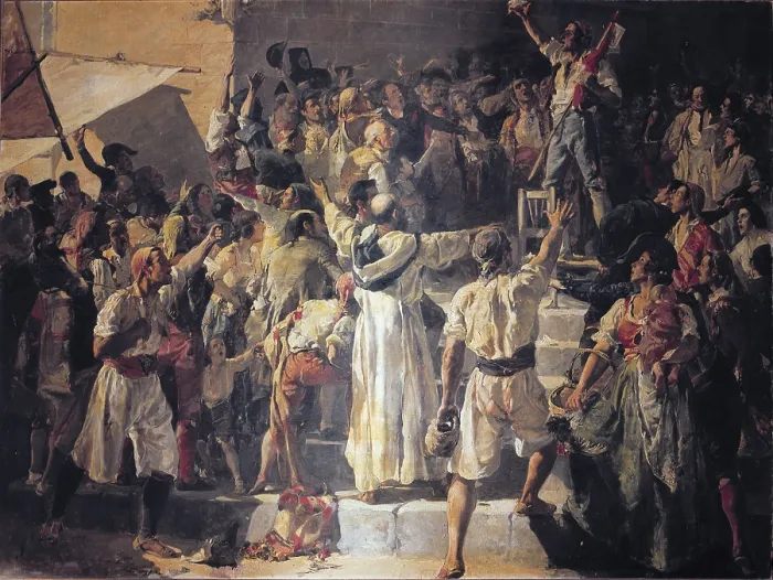 Framed Print : SOROLLA, Joaquin (1863-1923). The Cry of the Palleter declaring War on Napoleon, 1884. SPAIN. Valencia. Generalitat Palace. Oil on canvas