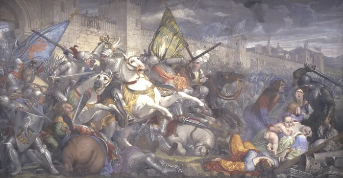 Framed Print : Sortie of the Bellunese Army against Ezzelino, by Giovanni Demin, 1839, 19th century, fresco - Italy, Veneto, Belluno, Town Hall. Whole artwork view Framed Print : Sortie of the Bellunese Army against Ezzelino, by Giovanni Demin, 1839, 19th century, fresco - Italy, Veneto, Belluno, Town Hall. Whole artwork view