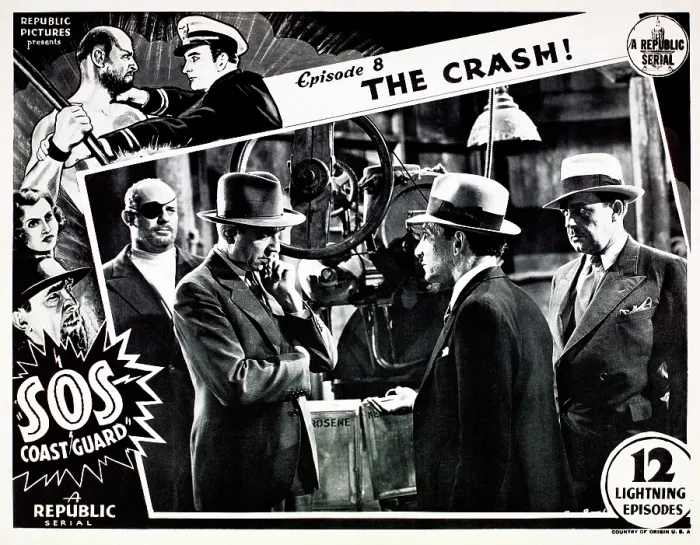 Framed Print : S.O.S. COAST GUARD, Episode 8: The Crash, Bela Lugosi (sec ond left center), top left: Richard Alexander, Ralph Byrd, l obbycard, 1937