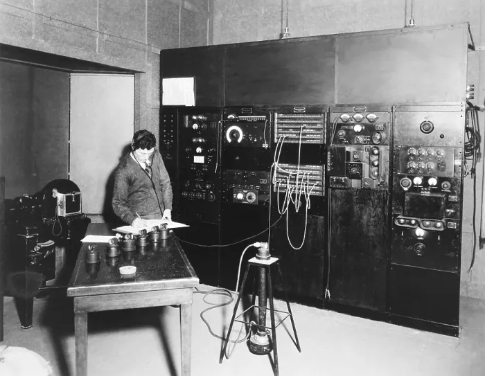 Framed Print : Sound engineer Harry Proodian testing microphones in a Fox motion picture studio. (CSU_2015_9_1014) Framed Print : Sound engineer Harry Proodian testing microphones in a Fox motion picture studio. (CSU_2015_9_1014)
