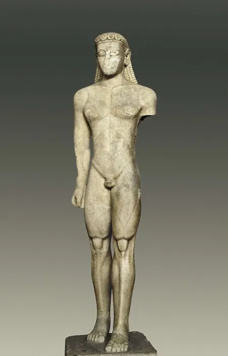 Framed Print : The Sounion kouros. ca. 600 BC. Votive statue. Archaic Greek art. Sculpture on marble. GREECE. Athens. National Museum of Archaeology. Proc: GREECE. Sunion. Temple of Poseidon