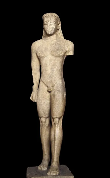Framed Print : The Sounion kouros. ca. 600 BC. Votive statue. Archaic Greek art. Sculpture on marble. GREECE. Athens. National Museum of Archaeology. Proc: GREECE. Sunion. Temple of Poseidon