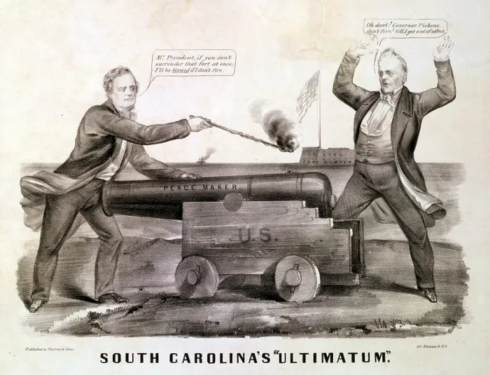 Framed Print : South Carolina's Ultimatum'. Editorial cartoon illustrating South Carolina governor Francis Pickens's threat of secession against President Buchanan
