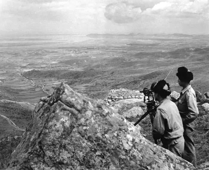 Framed Print : South Korean Army officers observe activities across the 38th Parallel from a mountain outpost. This photo was made just at the outbreak of the Korean war Framed Print : South Korean Army officers observe activities across the 38th Parallel from a mountain outpost. This photo was made just at the outbreak of the Korean war