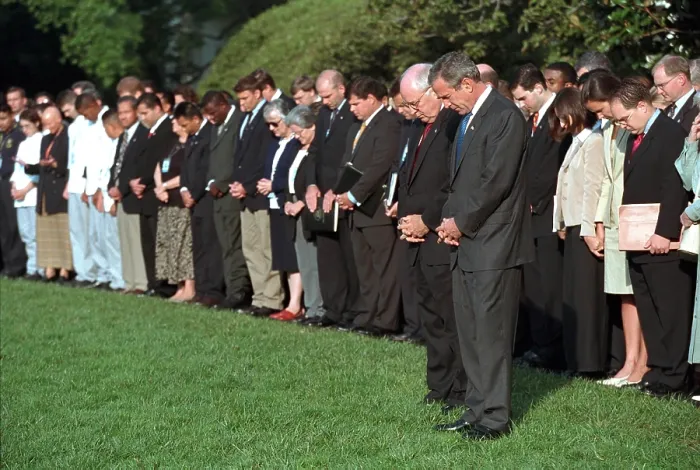 Framed Print : South Lawn Moment of Silence. Led by President George W. Bush and VP Dick Cheney, the White House staff observes the one-week anniversary of the 9 / 11 Terrorist Attacks. Sept Framed Print : South Lawn Moment of Silence. Led by President George W. Bush and VP Dick Cheney, the White House staff observes the one-week anniversary of the 9 / 11 Terrorist Attacks. Sept
