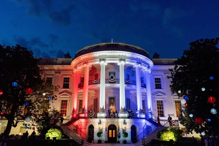 Framed Print : The South Portico of the White House lit up with red, white and blue lights during the Fourth of July Celebration, July 4, 2021 (BSLOC_2021_11_38) Framed Print : The South Portico of the White House lit up with red, white and blue lights during the Fourth of July Celebration, July 4, 2021 (BSLOC_2021_11_38)