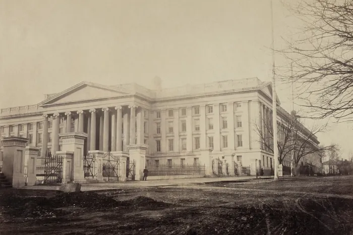Framed Print : Southeast corner of the Treasury Buildings, Washington, DC, during the US Civil War. On Sept. 7, 1836, construction began on the ambitious, multi-winged building