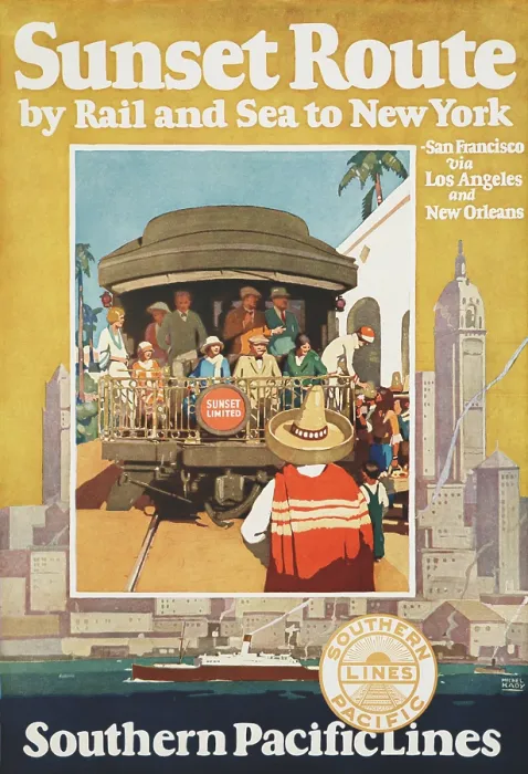 Framed Print : Southern Pacific Lines poster for their Sunset Route by rail and sea to New York, 1930 (BSLOC_2016_10_198)