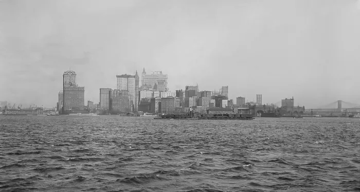 Framed Print : Southern tip of Manhattan Island seen from an approaching boat in the harbor, c. 1920 (BSLOC_2016_10_204)