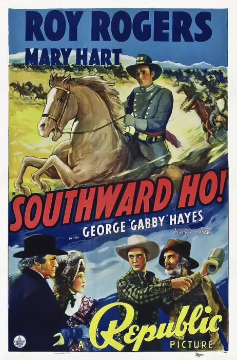 Framed Print : SOUTHWARD HO!, top: Roy Rogers, bottom center: Roy Rogers, bottom right: George Gabby Hayes, 1939 Framed Print : SOUTHWARD HO!, top: Roy Rogers, bottom center: Roy Rogers, bottom right: George Gabby Hayes, 1939