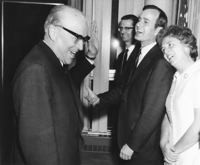Framed Print : Soviet UN Ambassador Jacob Malik welcomes George Bush as U.S. Ambassador at a reception. March 3, 1971. At Bush's side is his wife Barbara