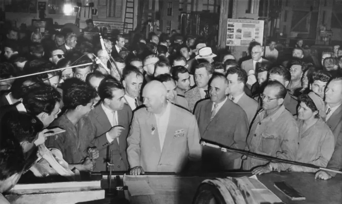 Framed Print : Soviet Premier Nikita Khrushchev (center) with workers in the Grivita Rosie railroad workshop. Bucharest, Romania, July 2, 1962. (CSU_2015_8_555)
