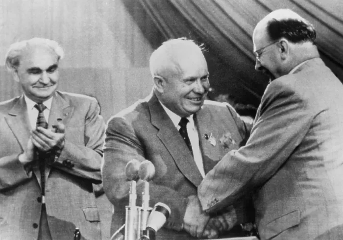 Framed Print : Soviet Premier Nikita Khrushchev is congratulated by East German Communist leader Walter Ulbricht Framed Print : Soviet Premier Nikita Khrushchev is congratulated by East German Communist leader Walter Ulbricht