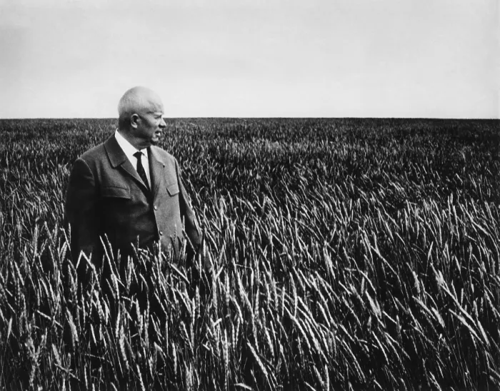 Framed Print : Soviet Premier Nikita Khrushchev stands in a sea of waving wheat in Kazakhstan. Sept. 1964
